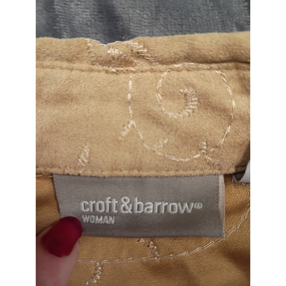 Croft & Barrow‎ Button Down Shirt 3X Tan Faux Suede Embroidered Floral Blouse - Picture 5 of 9